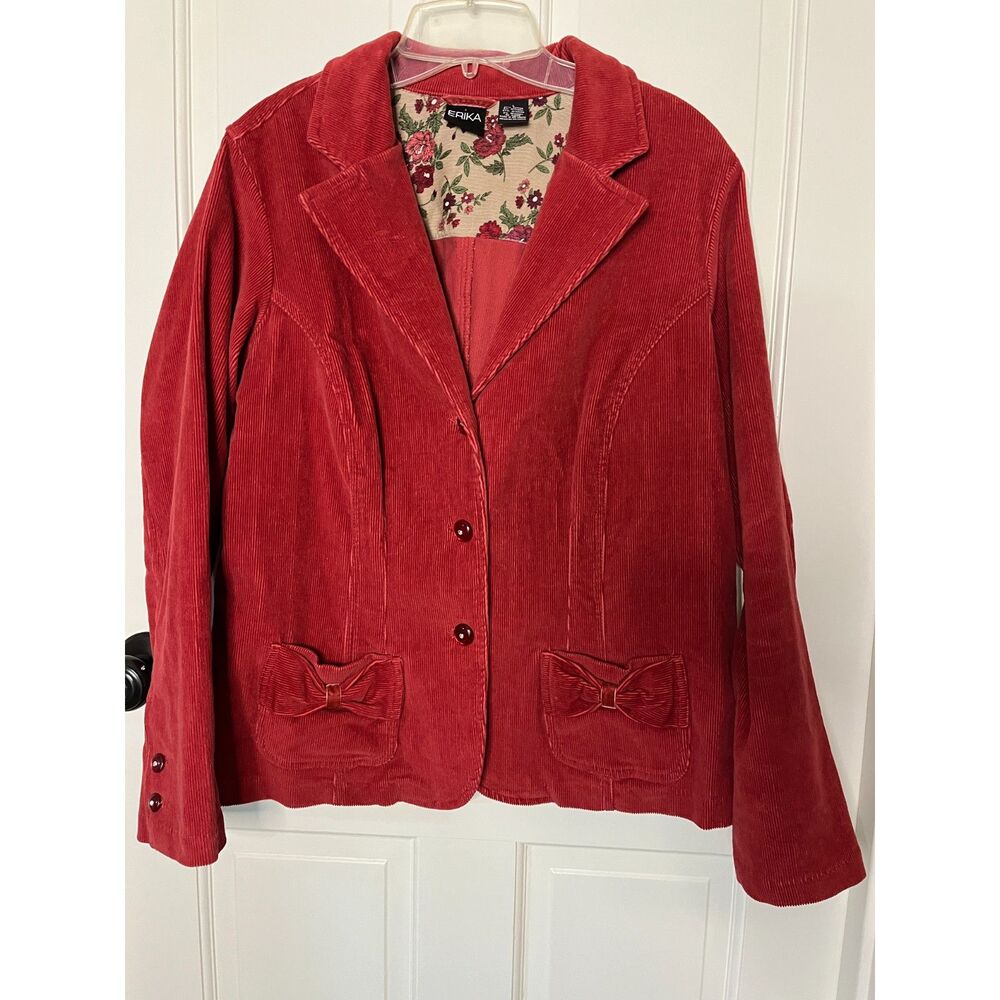 ERIKA Red Corduroy Blazer Jacket Bow Pockets Floral Lining Size L